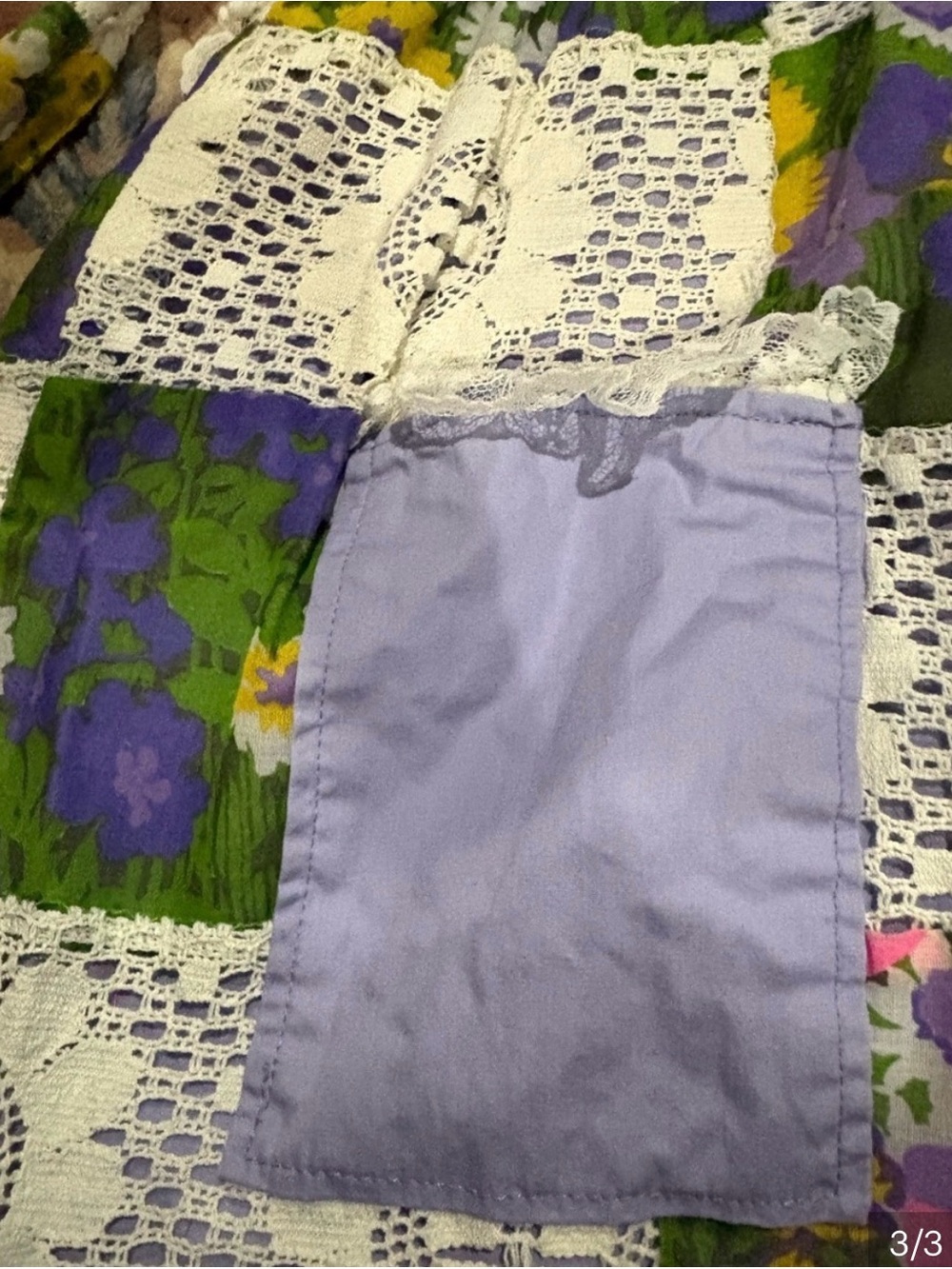 Vintage Floral Patchwork Apron in Purple, Green, Pink, Yellow & White - Picture 3 of 3